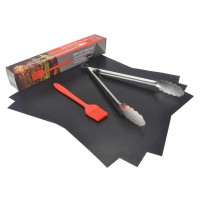 Heat Resistant Reusable Non Stick BBQ Grill Mats with Silicone Basting Brush and Food Tongs